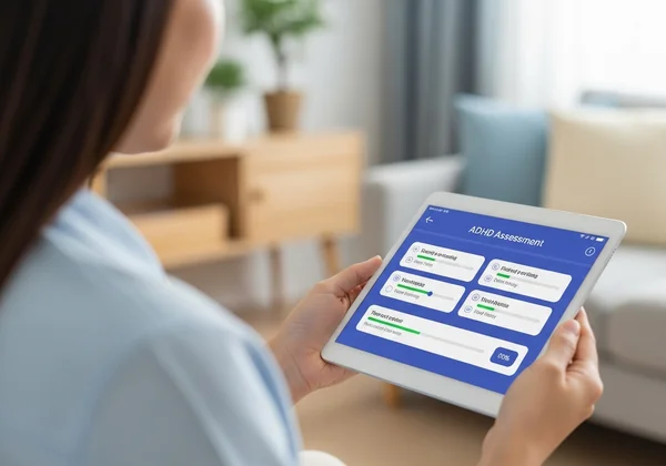 一个人在平板电脑上进行在线 ADHD 自我评估