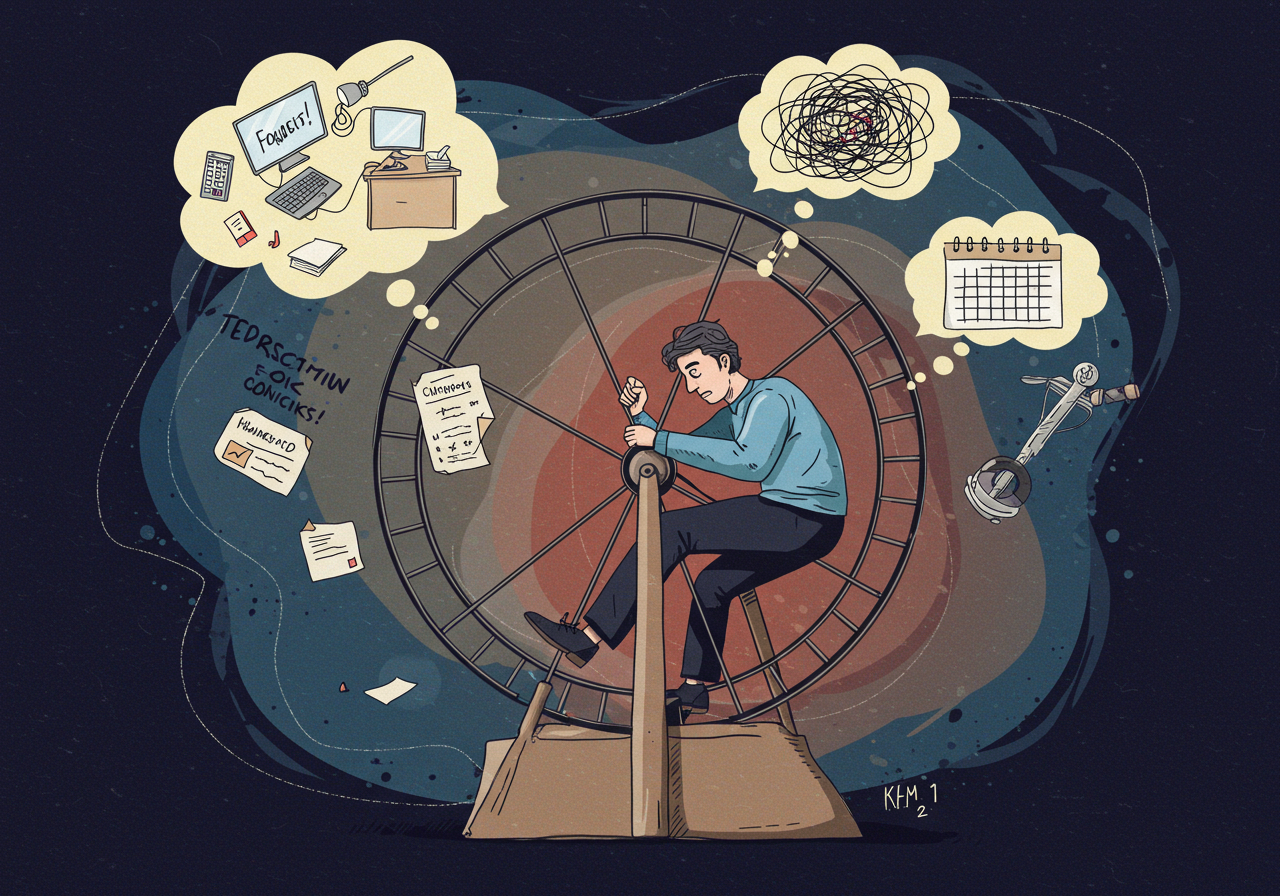 Person feeling overwhelmed on a hamster wheel of tasks