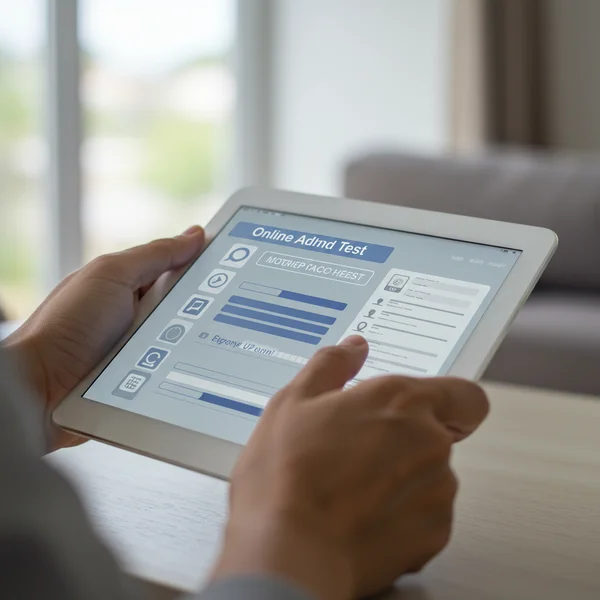 一个人正在平板电脑上进行在线ADHD筛查测试。