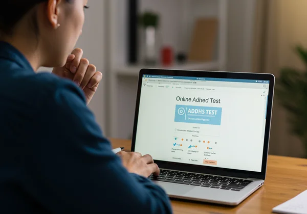 ऑनलाइन ADHD परीक्षण ले रहा एक व्यक्ति, विचारमग्न दिख रहा है