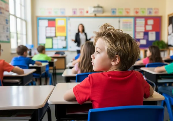 Child struggling to focus in a classroom, looking distracted