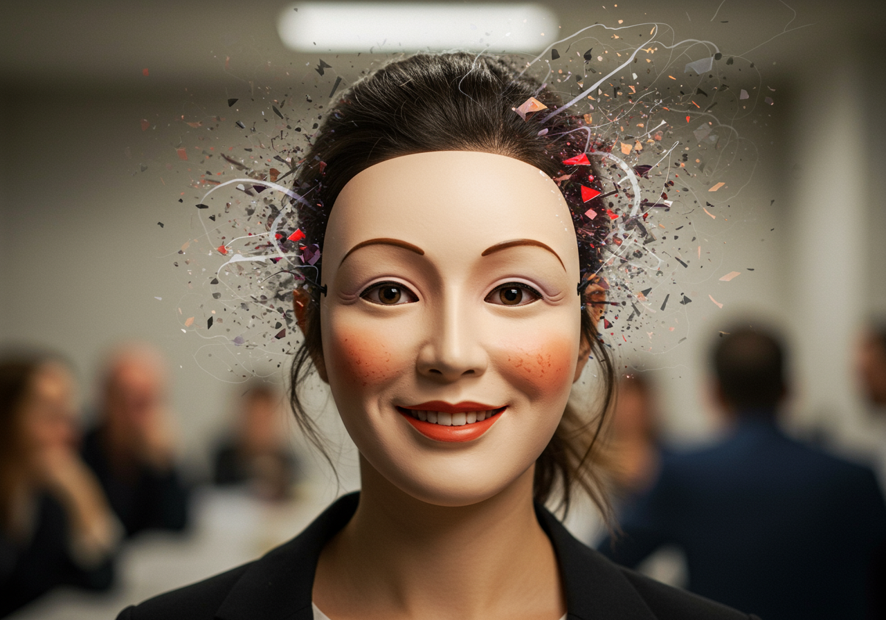 Woman wearing a serene mask over a turbulent inner self