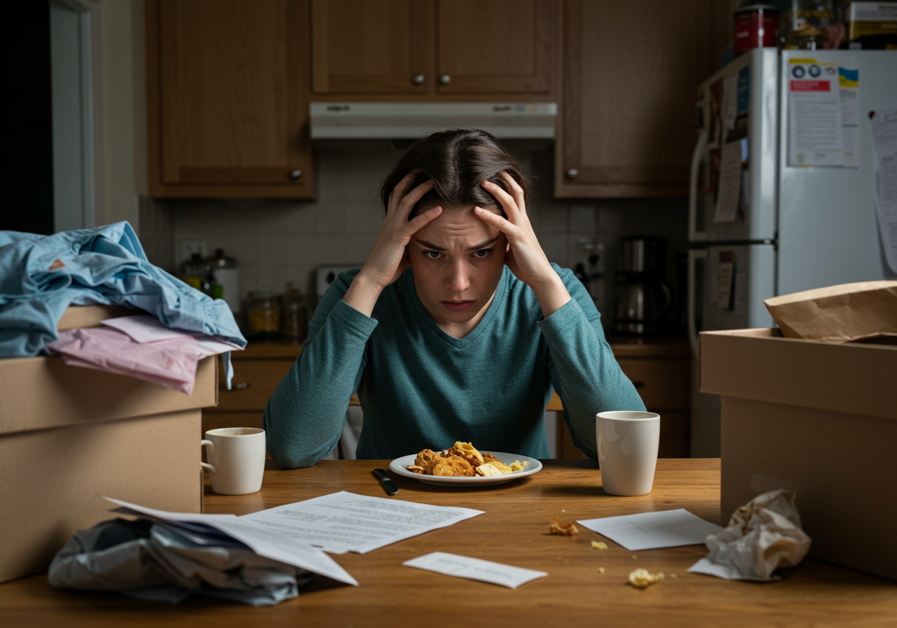 Person feeling overwhelmed by a pile of household tasks