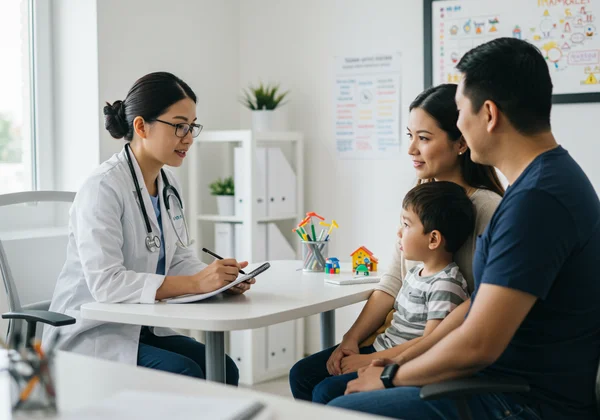 Parent and child consulting with healthcare professional