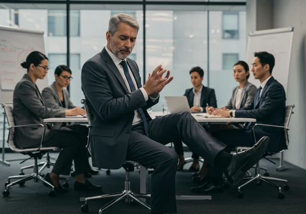 Adult fidgeting restlessly in a chair during a meeting