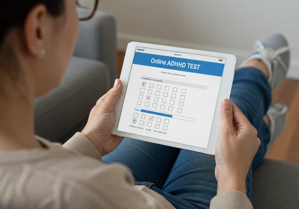 Person taking an online ADHD test on a tablet for clarity.