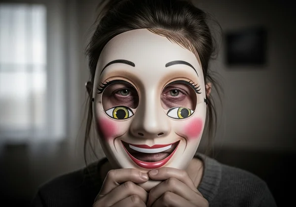 Donna che tiene una maschera sorridente per nascondere la sua stanchezza.