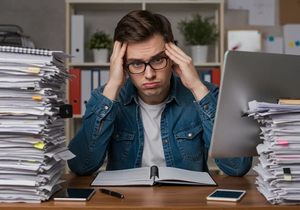 Adulto che sembra stressato in mezzo a uno spazio di lavoro disordinato