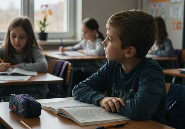 Ragazzo giovane distratto in classe, che illustra la disattenzione