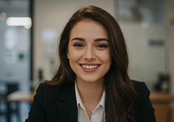 Donna sorridente, ma con sottili segni di lotta interna