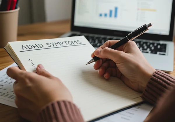 Persona che scrive i sintomi dell'ADHD per la visita dal medico