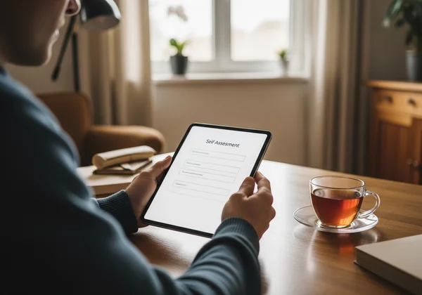 A person sitting at a desk, thoughtfully filling out a self-assessment form on a tablet.